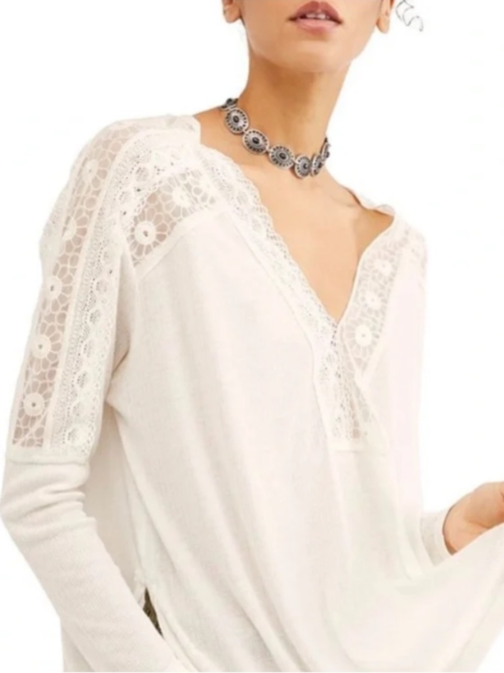Free People Lola Lace-Trim V-Neck Long Sleeve Top Angel Food Ivory Cream M boho